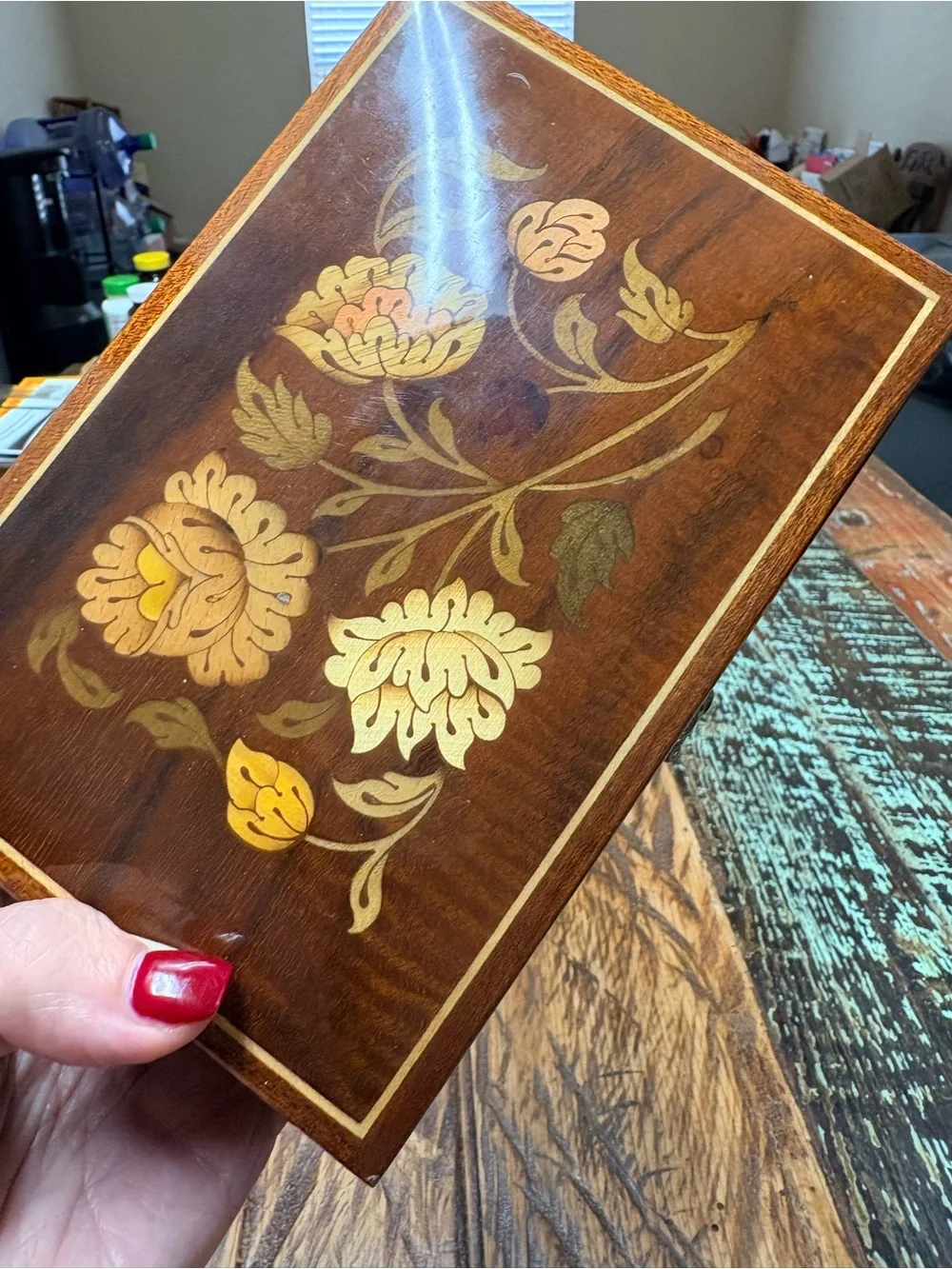 Vintage Reuge Swiss Made Floral Wood Marquetry Musical Jewelry Box